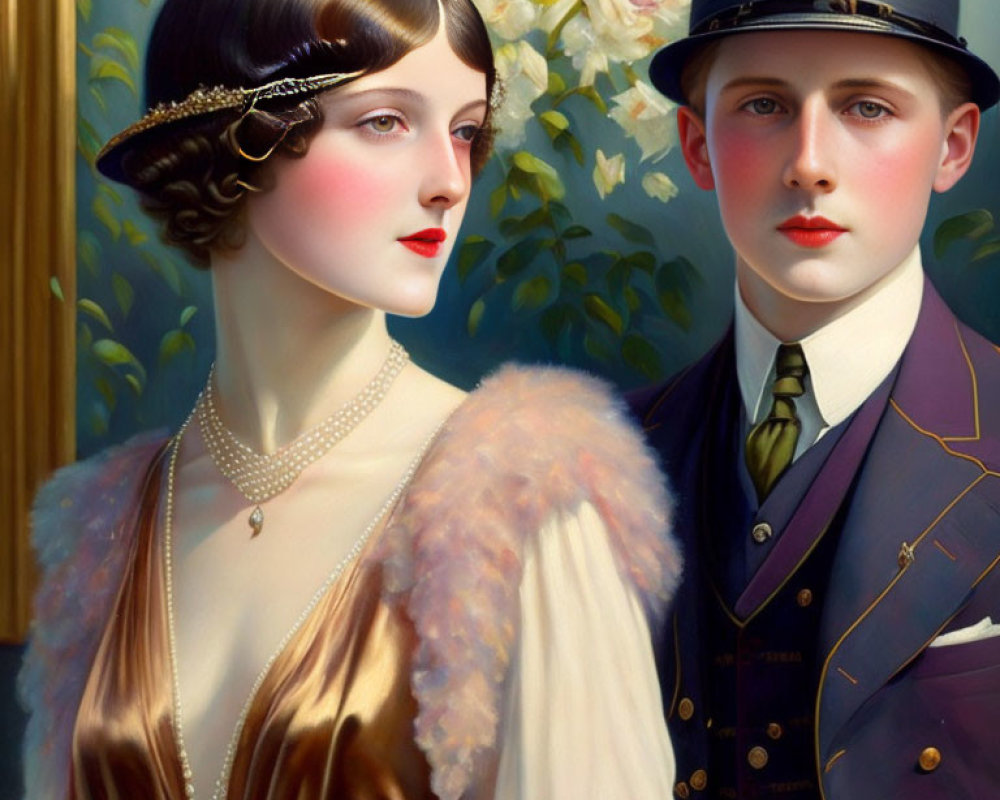 1920s style painting featuring elegant woman and man in uniform