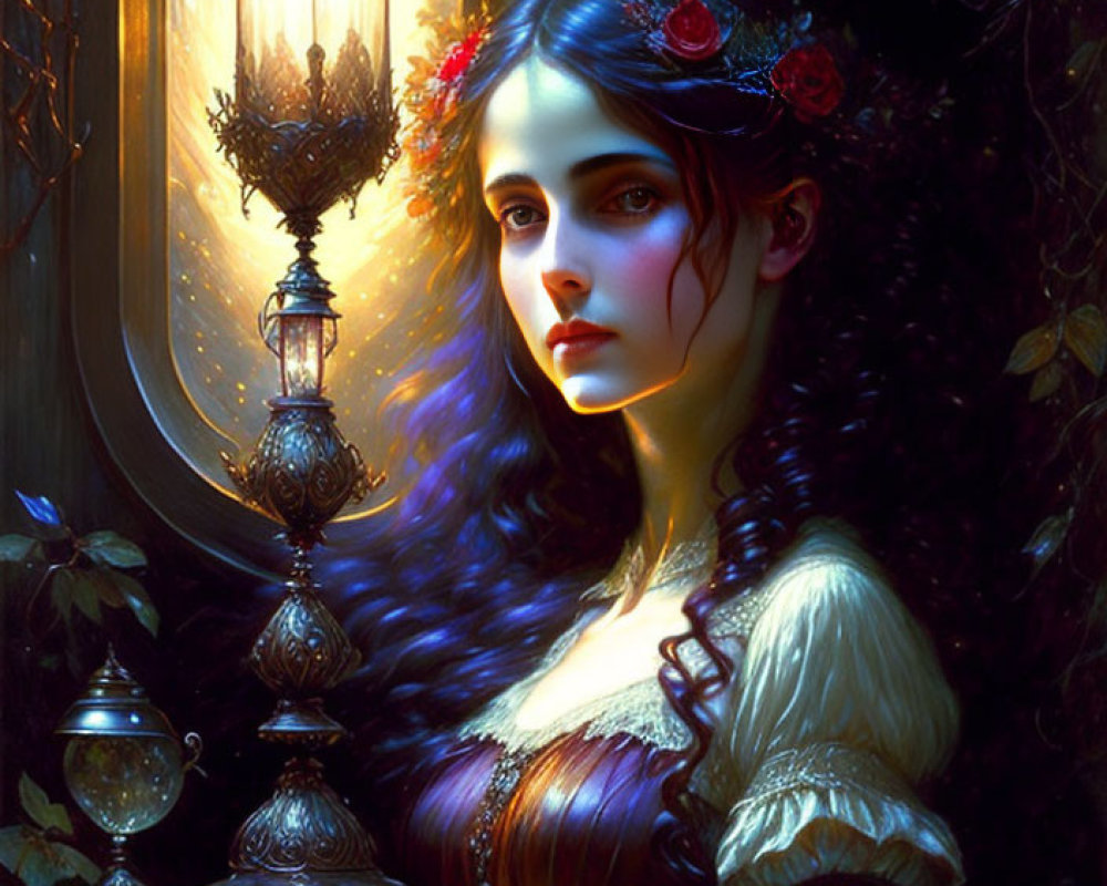 Dark-haired woman with red floral headband beside ornate lamp in painting.