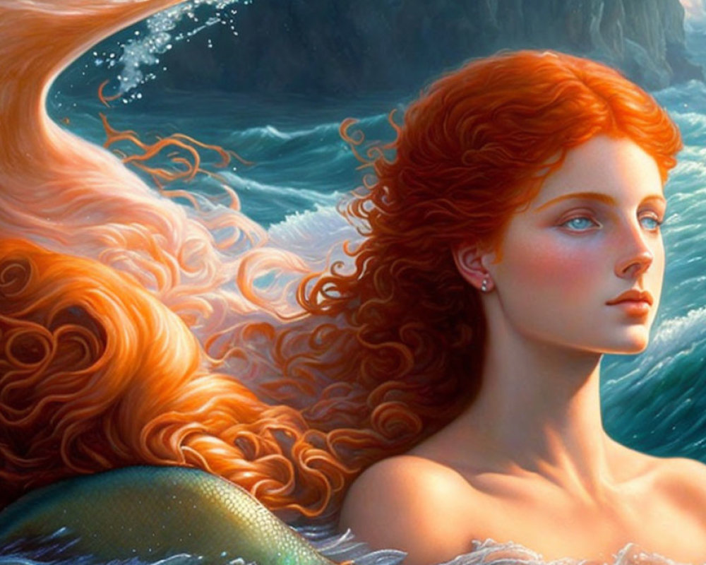 Surreal portrait of woman with red hair merging with ocean waves