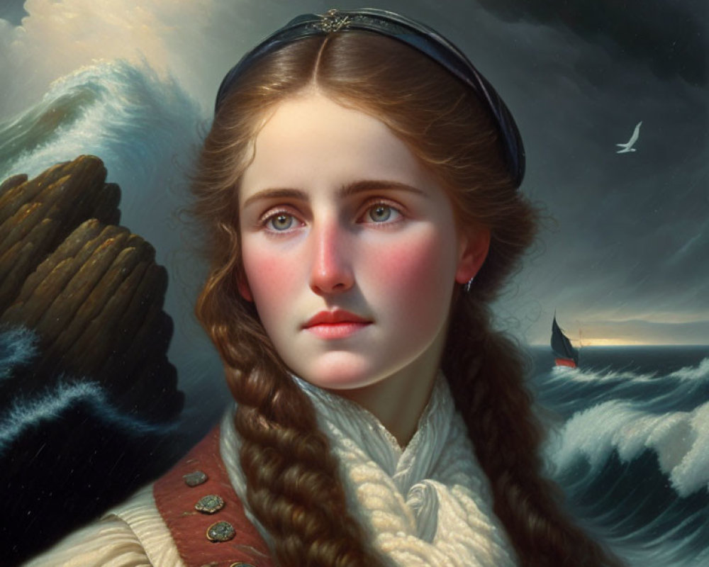 Young woman in historical attire with braided hair against stormy seascape.