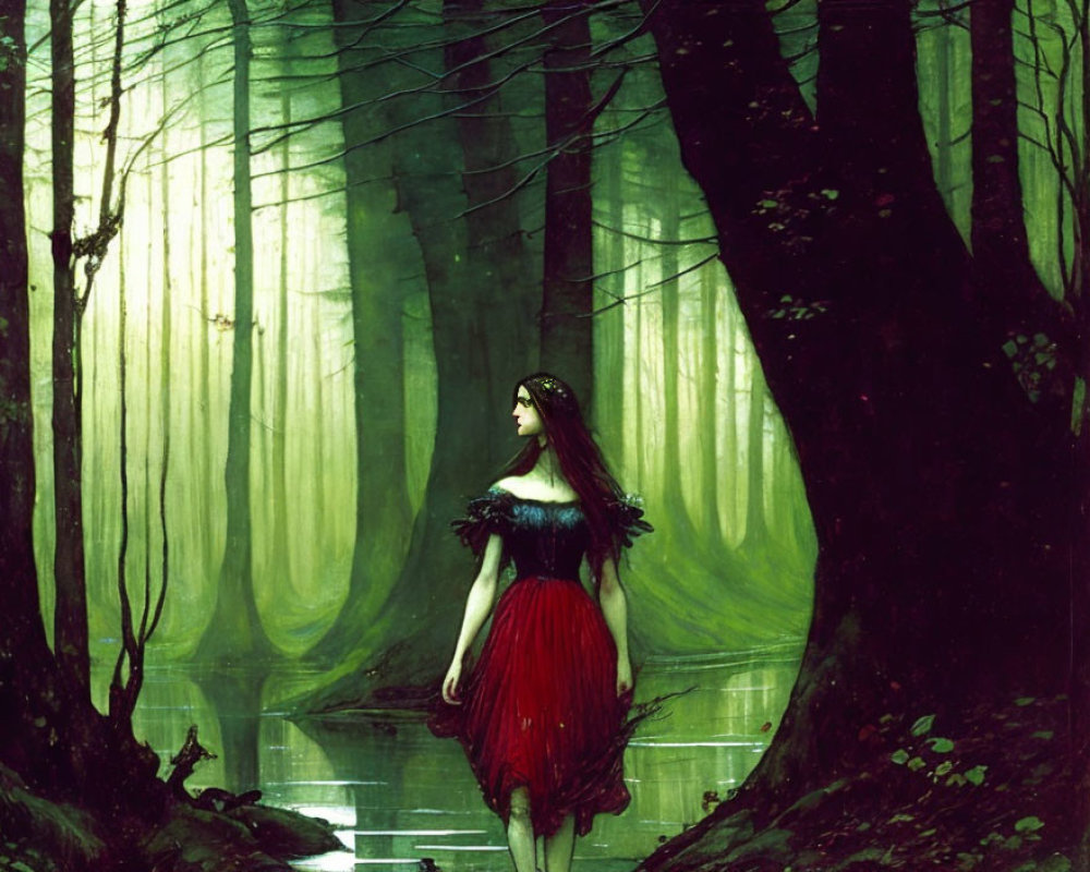 Woman in Red Dress Stands in Mystical Green Forest