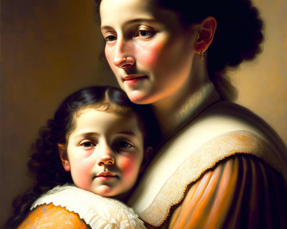 Oil painting of serene woman with child embracing, dark eyes, rosy cheeks