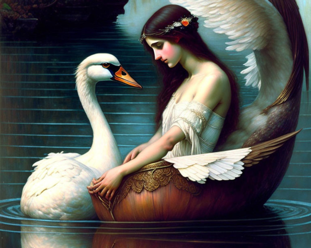 Illustration of woman with swan wings and bird on water in mystical forest