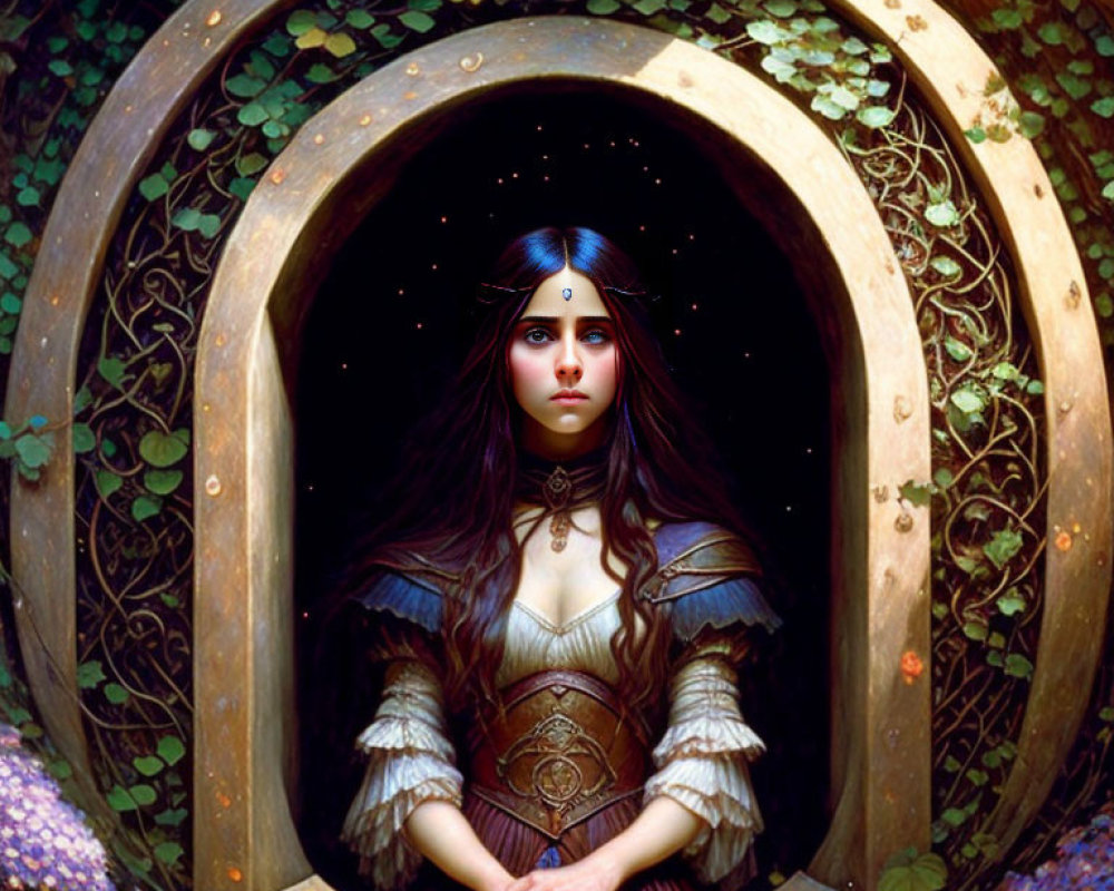 Fantasy Woman in Ornate Circular Doorway Amid Lush Greenery