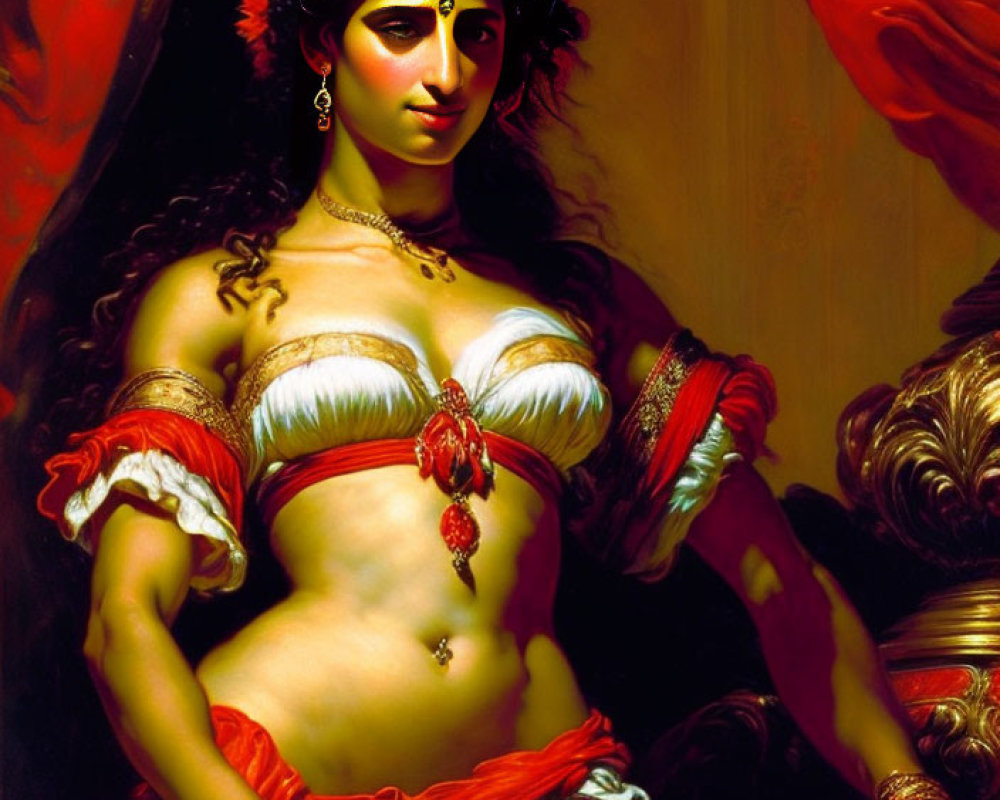 Exotic woman in historical attire with elaborate jewelry on warm background.