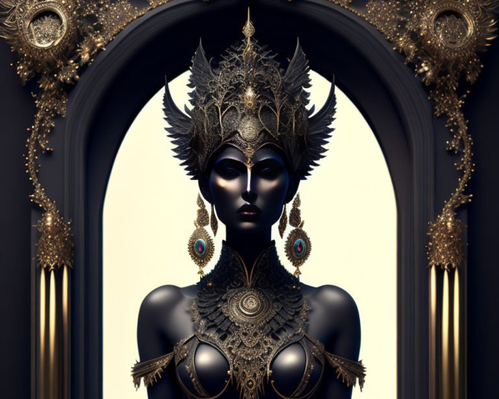 Regal figure with golden headgear and jewelry on dark background