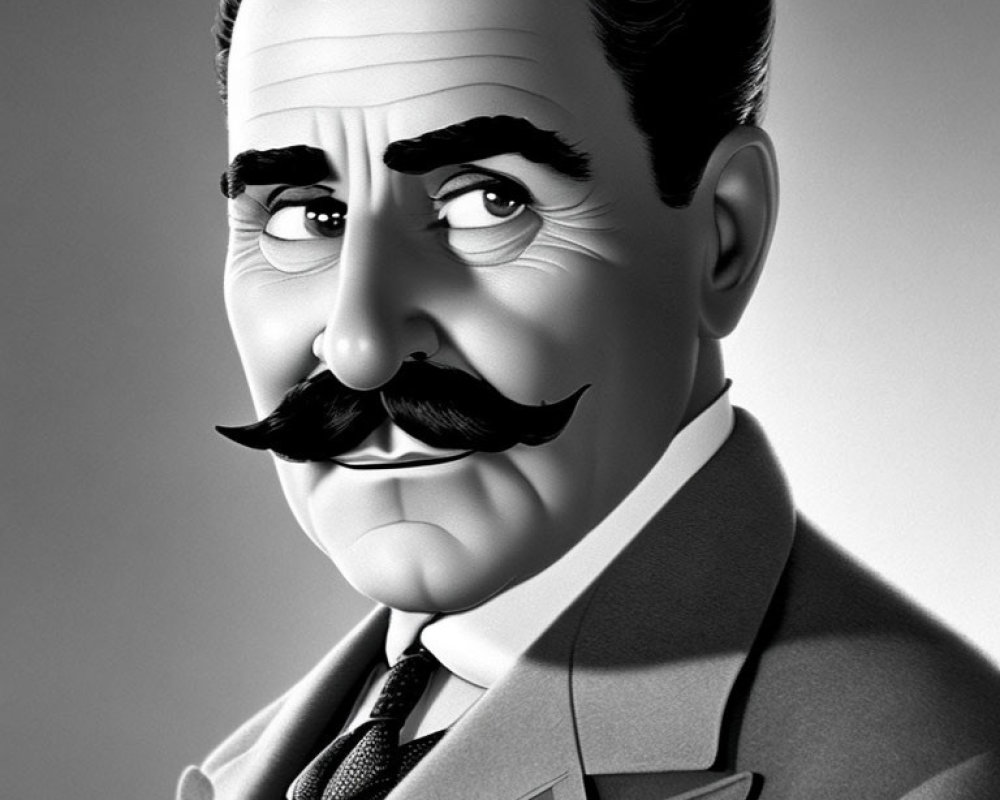 Monochrome illustration of distinguished gentleman with mustache in suit and tie