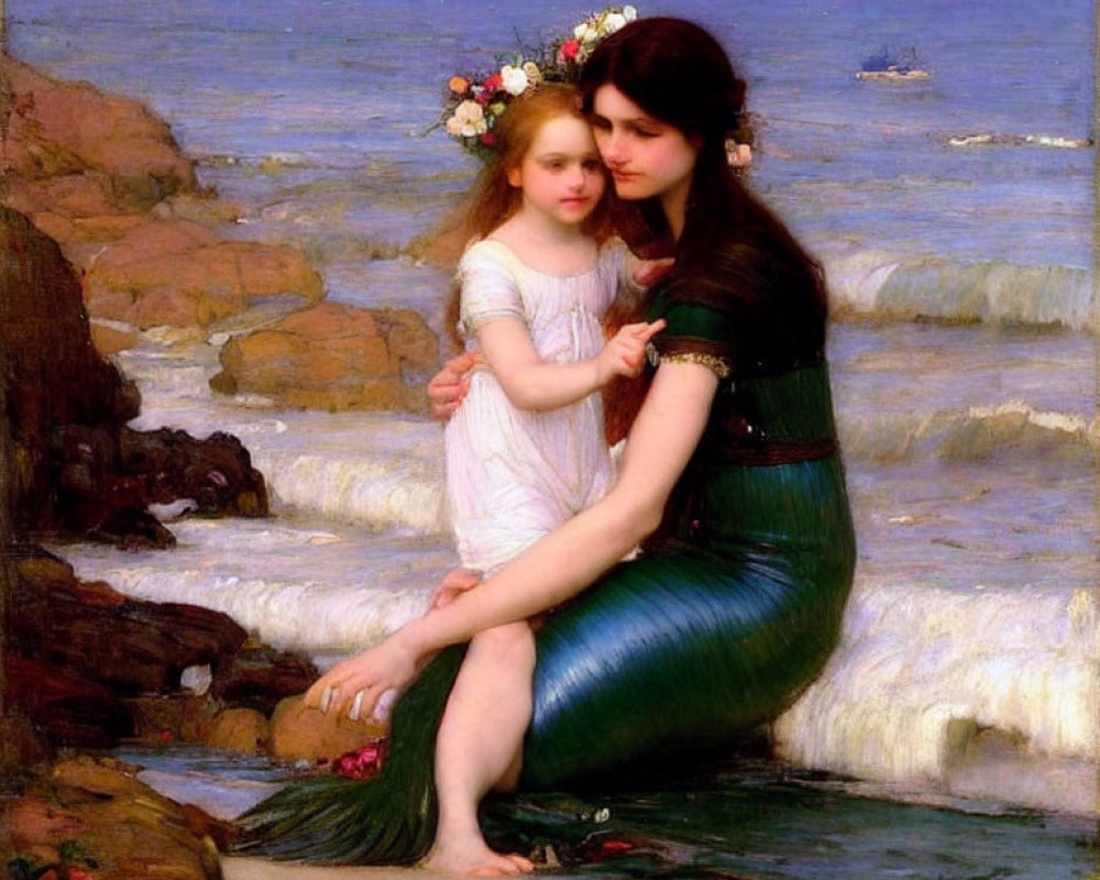 Vibrant green-tailed mermaid with young girl on sea rock, ships in distance