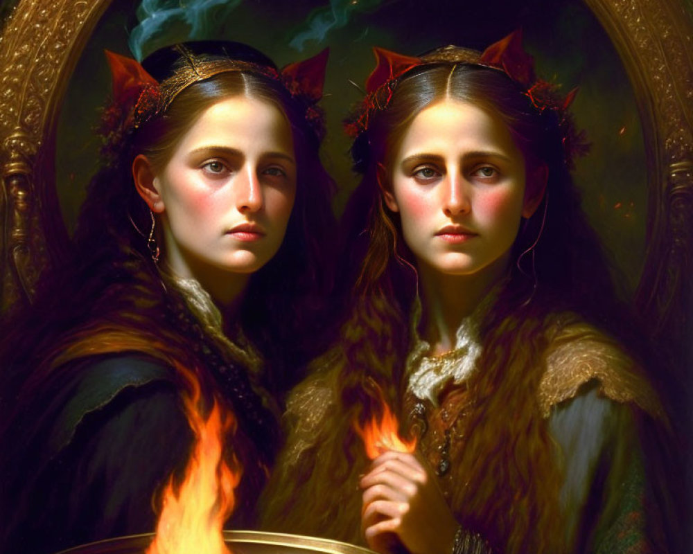 Twin figures with horns and flames in digital art on dark background