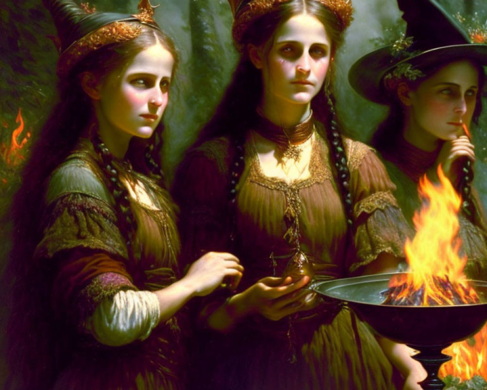 Three women in fantasy attire with horned headdresses and a witch's hat standing by a flame in