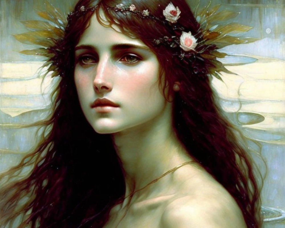 Portrait of Woman with Dark Hair and Headpiece, Pensively Gazing in Water