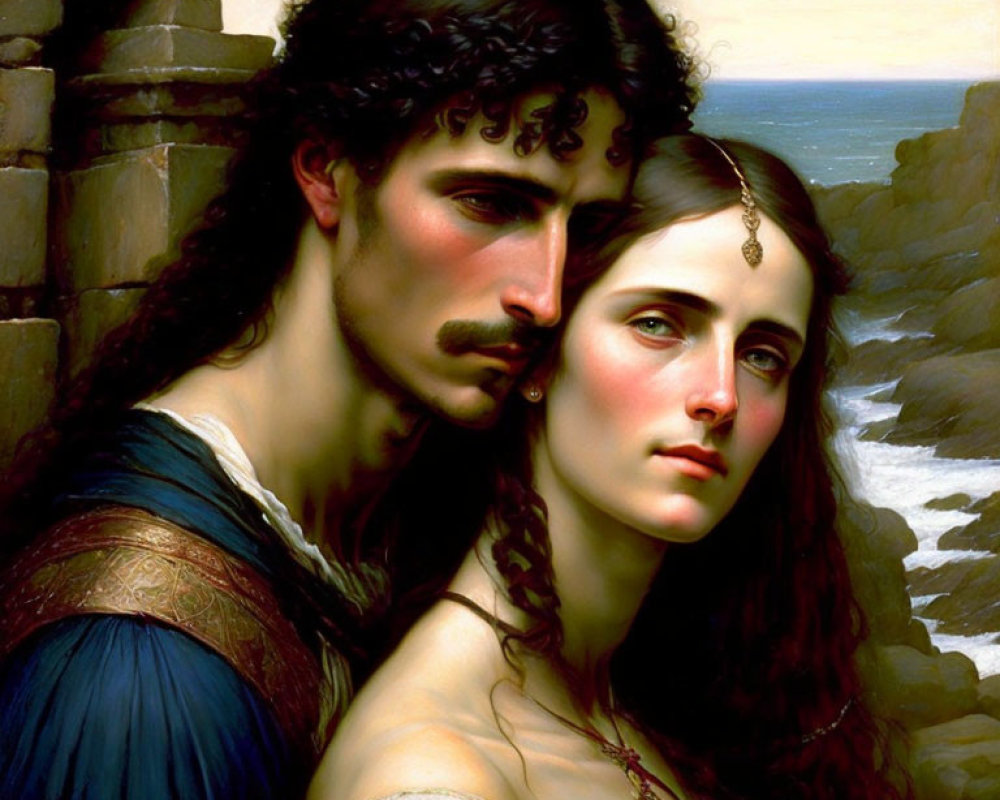 Classical painting of man and woman in dramatic poses by rocky seaside