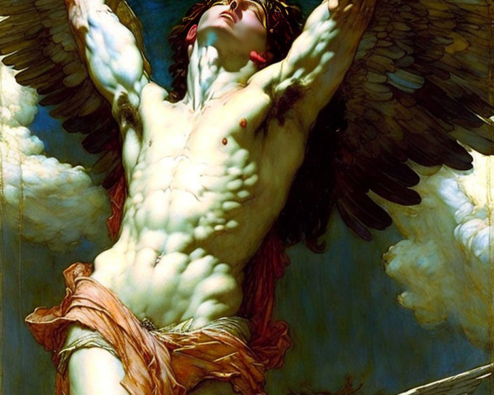 Male figure with wings in classical style, vibrant colors, and detailed musculature