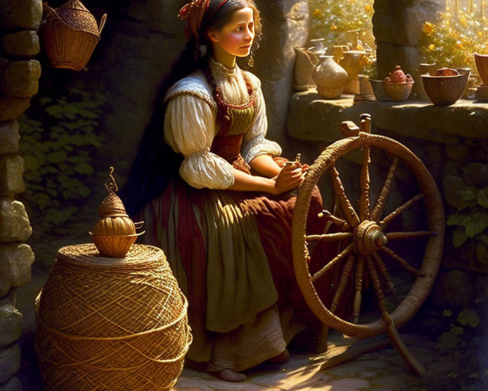 Traditional Attire Woman Spinning Wheel Courtyard Scene