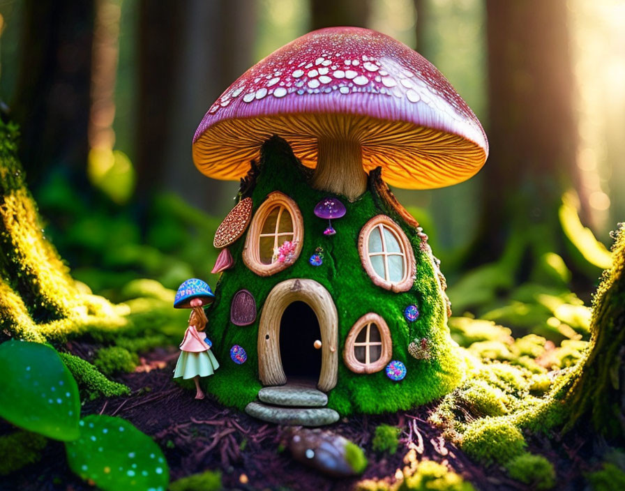 Enchanting forest scene with fairy-tale mushroom house and small figure