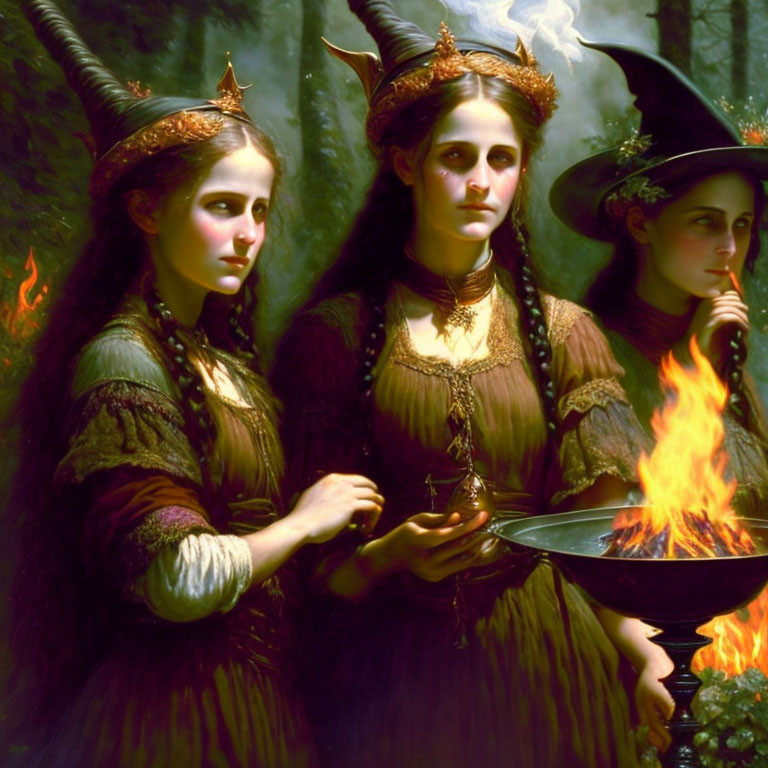 Three women in fantasy attire with horned headdresses and a witch's hat standing by a flame in