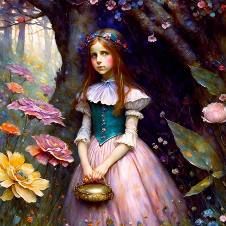 Young girl in vintage dress surrounded by mystical forest with vibrant flowers