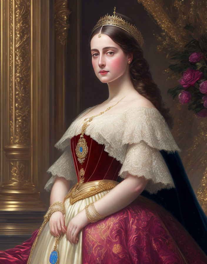 Regal woman portrait in red dress with tiara and jewelry