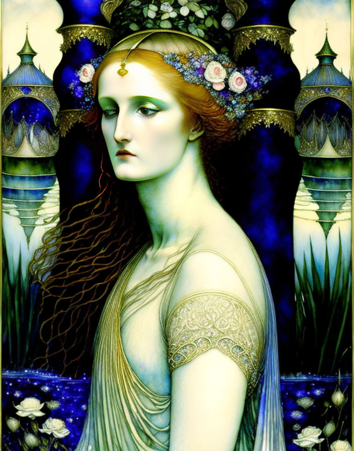 Woman with long wavy hair and floral headband in front of blue towers and water lilies.