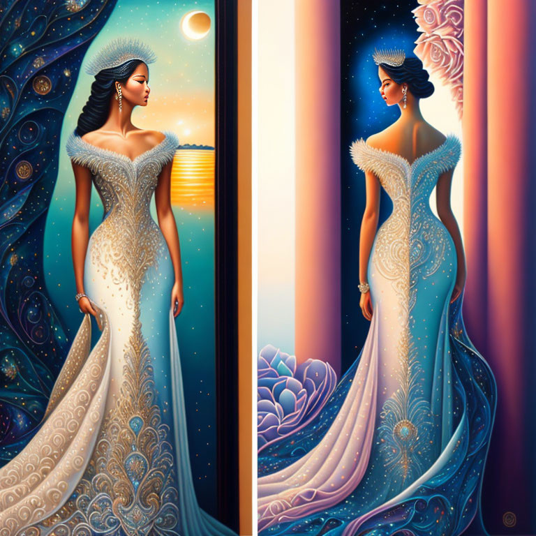 Luxurious Woman in Moon and Stars Embellished Gown