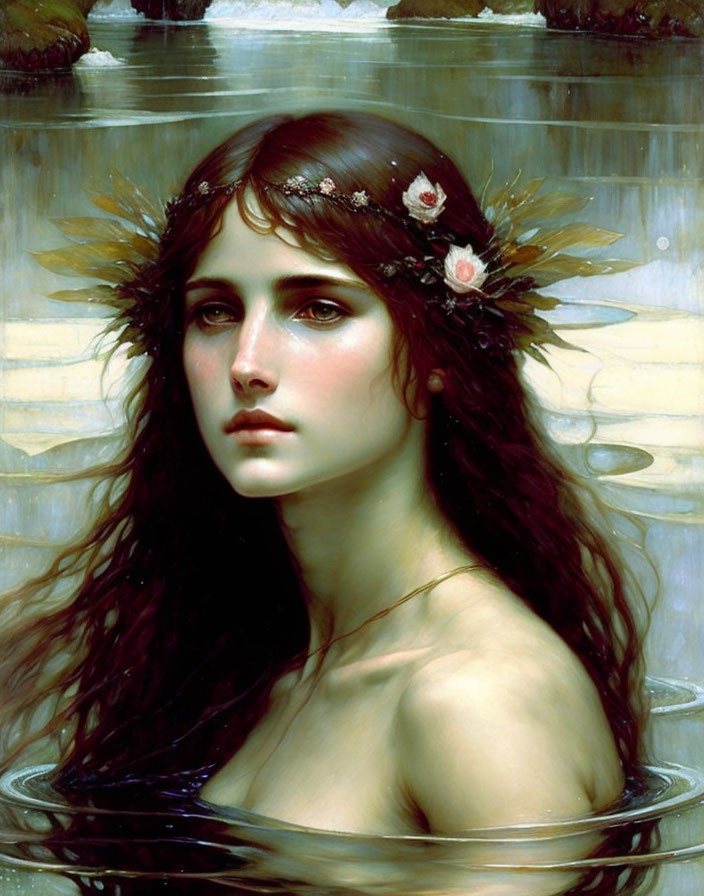 Portrait of Woman with Dark Hair and Headpiece, Pensively Gazing in Water