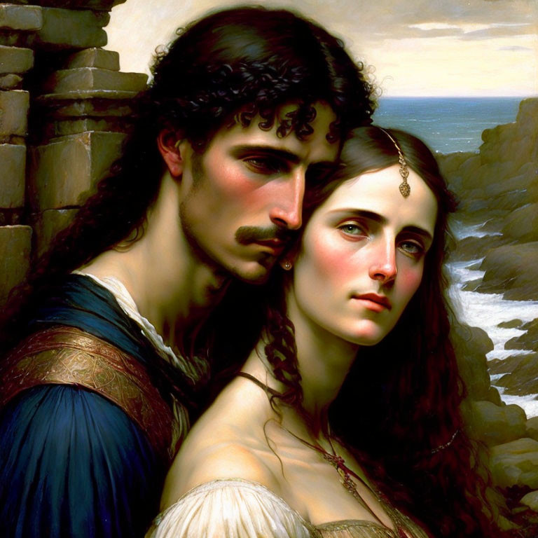 Classical painting of man and woman in dramatic poses by rocky seaside