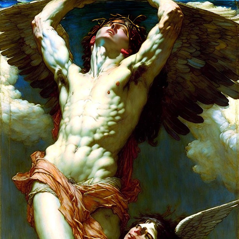 Male figure with wings in classical style, vibrant colors, and detailed musculature