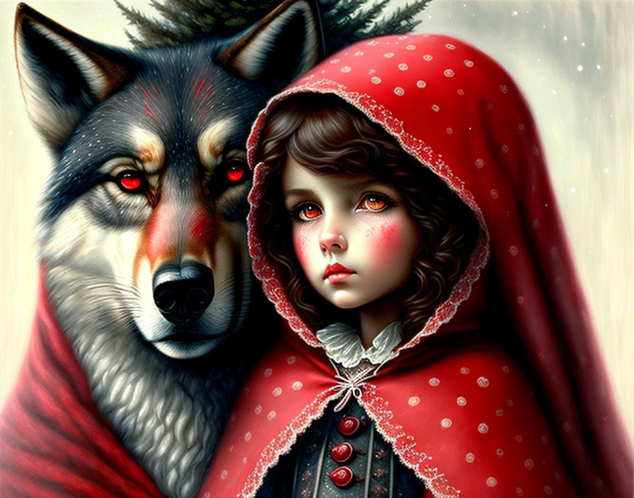 Young girl in red cloak with wolf in digital artwork