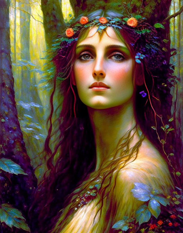 Woman with floral crown in serene forest setting