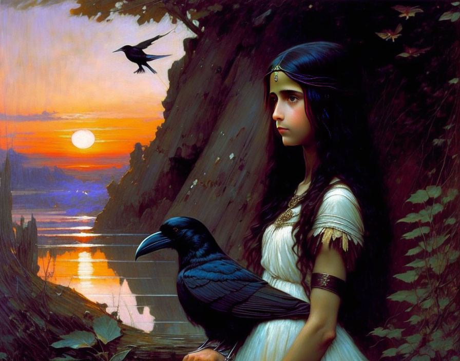 Portrait of a somber young woman with a raven in twilight setting