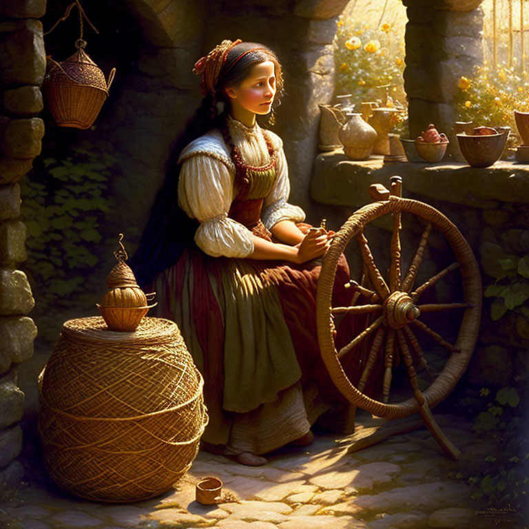 Traditional Attire Woman Spinning Wheel Courtyard Scene