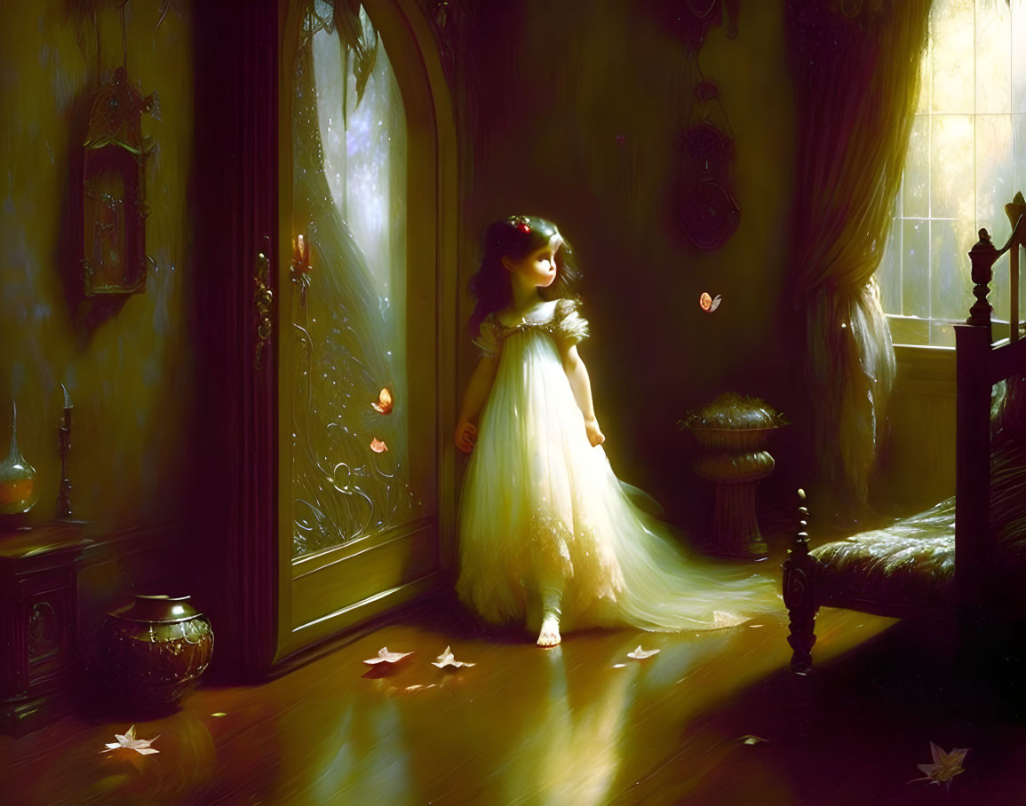 Young girl in flowing dress by open doorway in warmly lit vintage room with scattered leaves.