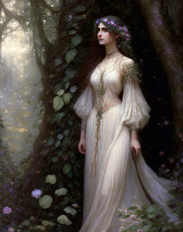 Ethereal woman in white gown amidst mystical forest