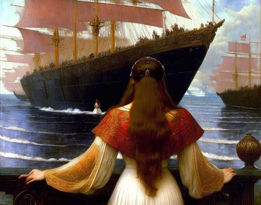 Woman with Long Hair Watching Tall Ships on Calm Sea in Historical Setting