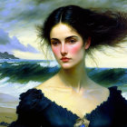 Classic Portrait of Woman with Dark Hair and Fair Skin Against Tumultuous Sea Waves