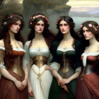 Four Women in Floral Crowns and Period Dresses Against Lush Backdrop