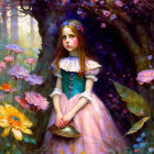 Young girl in vintage dress surrounded by mystical forest with vibrant flowers