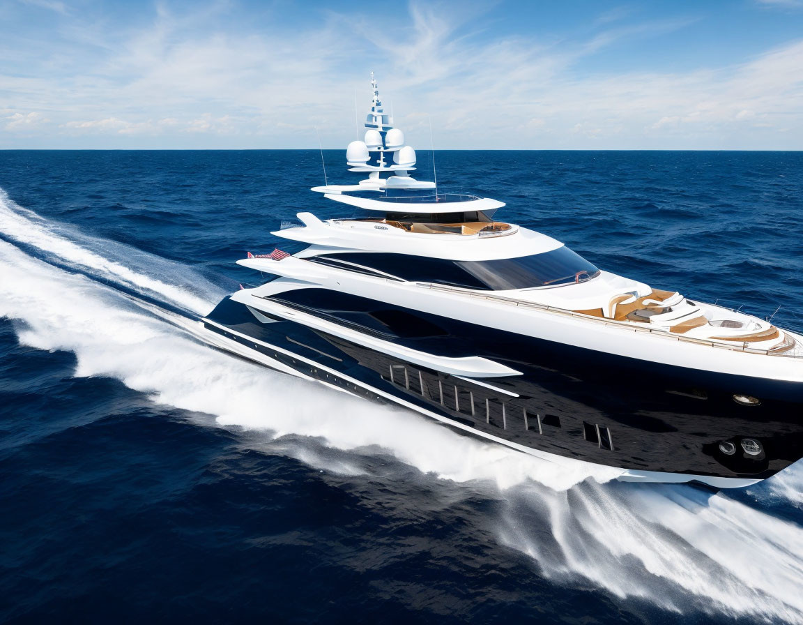 Luxurious modern yacht sailing on open ocean with multiple decks