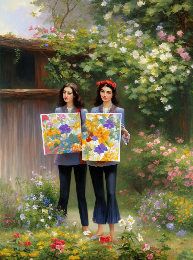 Women in floral garden holding matching paintings