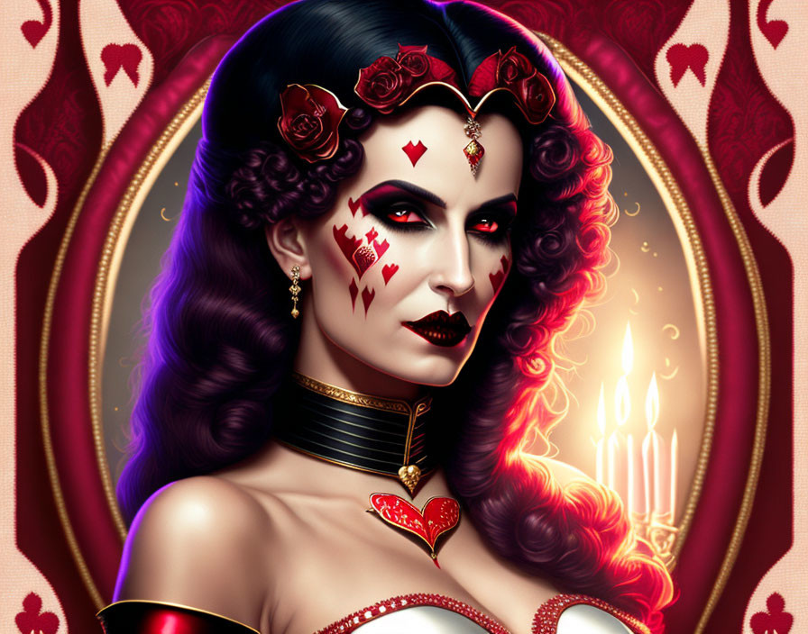 Gothic-themed illustration of woman with dark hair, heart markings, red roses, and playing card