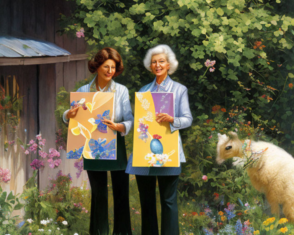 Women holding butterfly paintings in blooming garden with llama