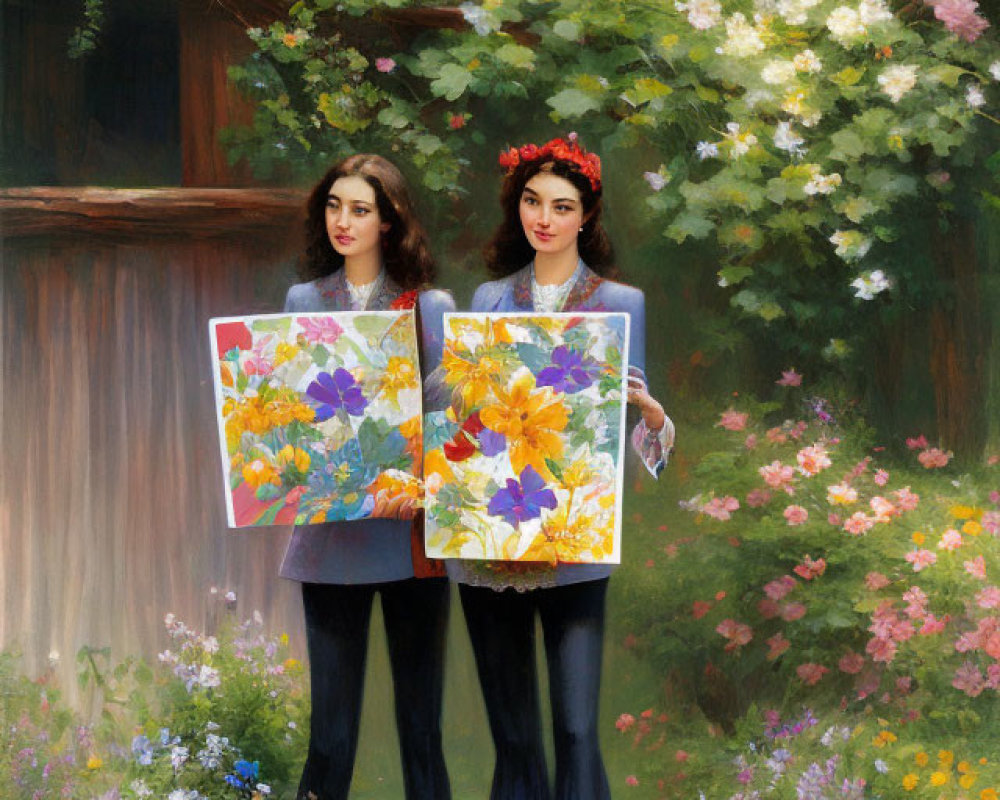 Women in floral garden holding matching paintings