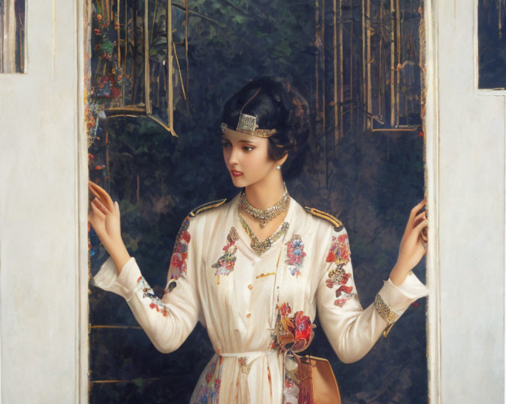 Woman in Floral Dress Standing Between French Doors