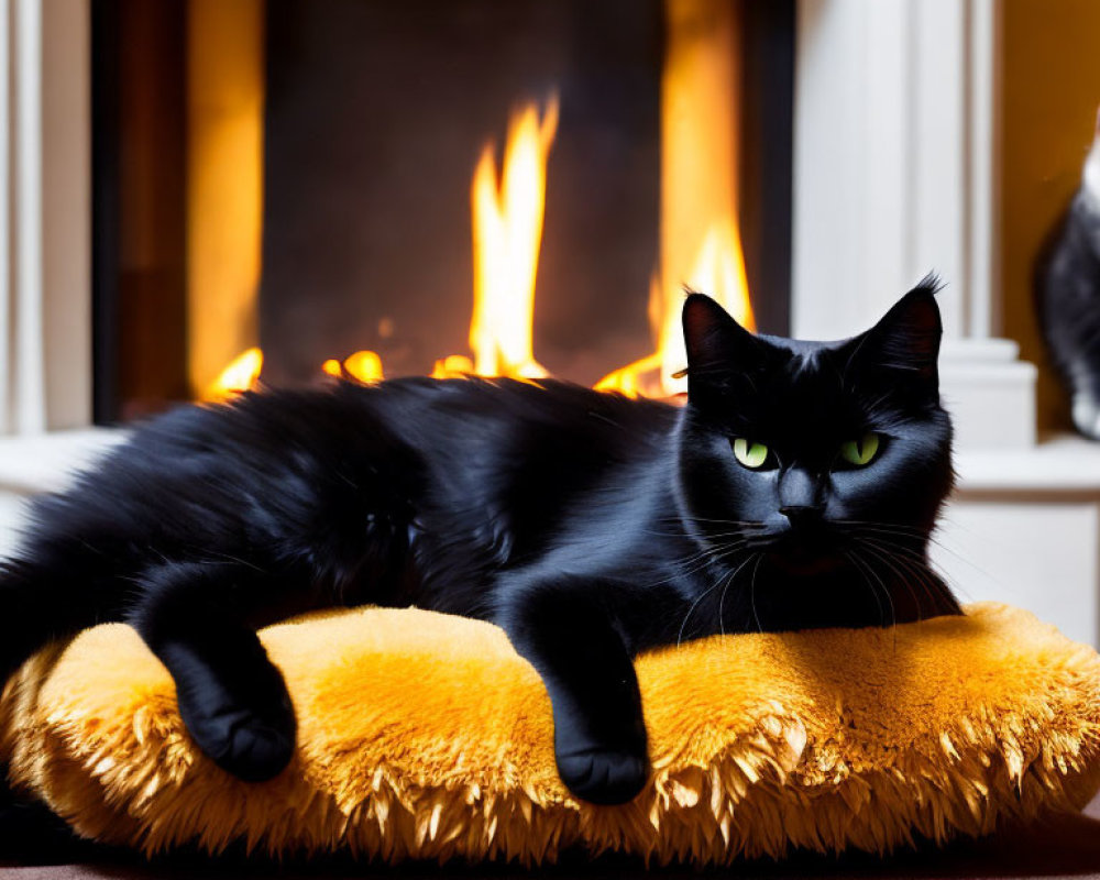 Black Cat with Green Eyes Resting on Yellow Pillow by Cozy Fireplace