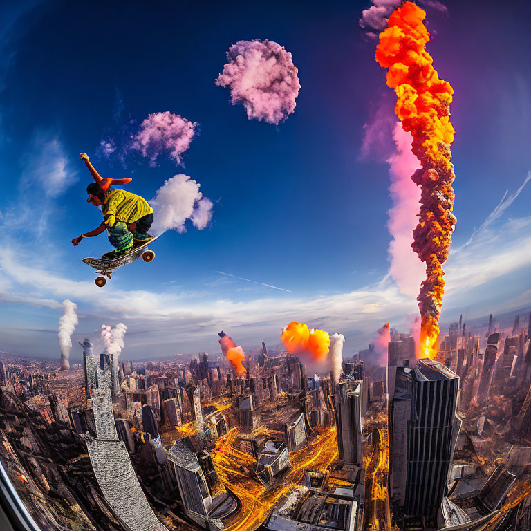 Skateboarder executing aerial trick in surreal cityscape