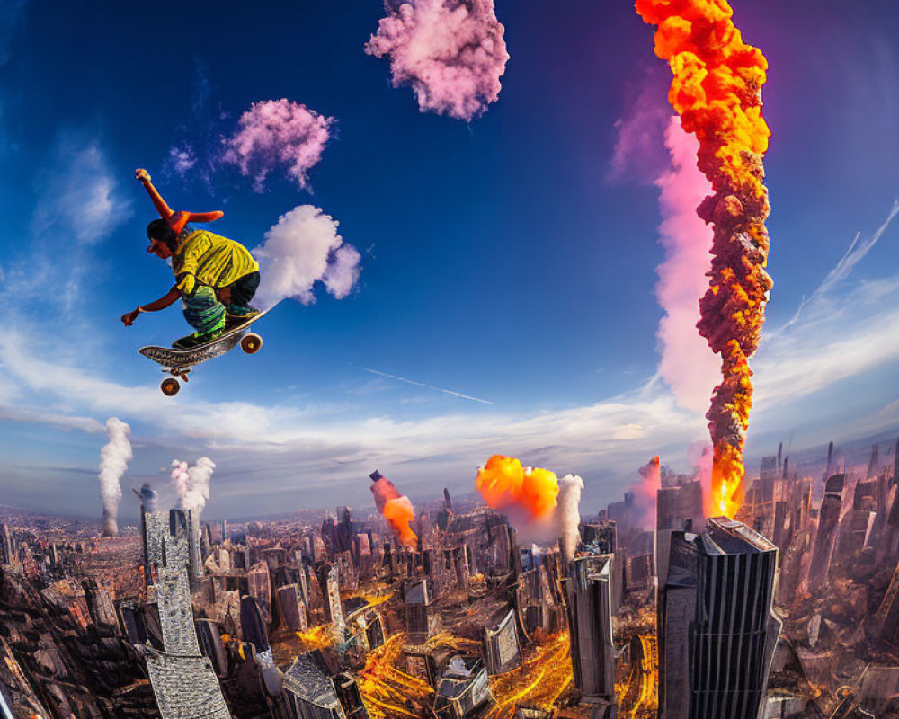 Skateboarder executing aerial trick in surreal cityscape