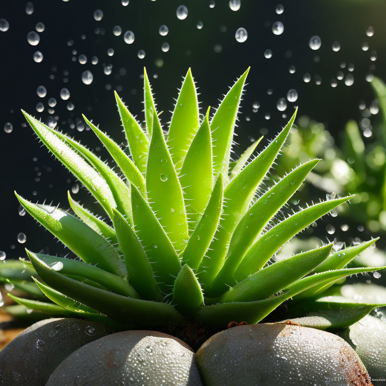 Vibrant green succulent with water droplets, lit by sunlight on dark background.