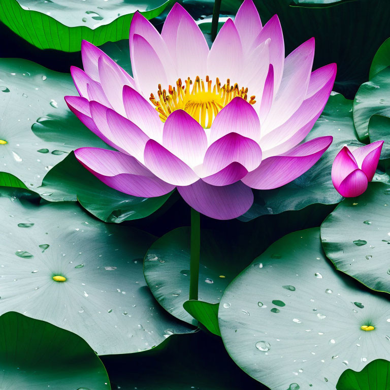 Pink Lotus Flower Surrounded by Green Lily Pads