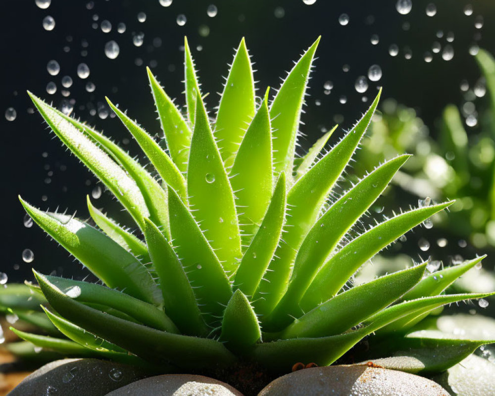 Vibrant green succulent with water droplets, lit by sunlight on dark background.