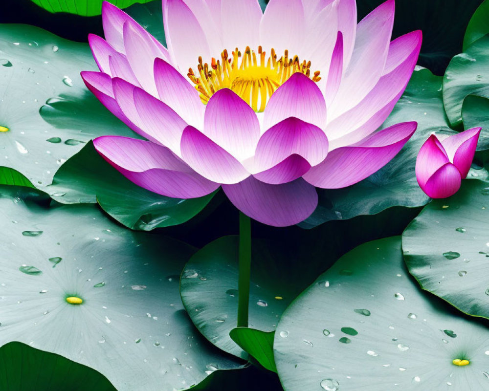 Pink Lotus Flower Surrounded by Green Lily Pads